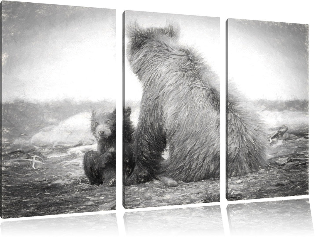 Pixxprint Bär mit Baby nach dem Baden Kunst Kohle Effekt 3-Teiler Leinwandbild 120x80 Bild auf Leinw
