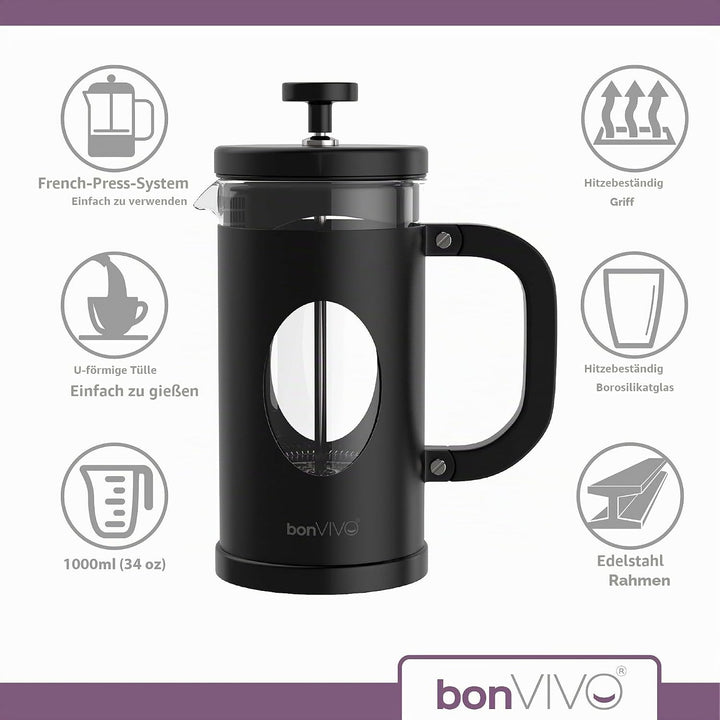 bonVIVO French Press Kaffeebereiter - Coffee Maker in Kupfer-Optik - Kaffekanne aus Glas m. Edelstah