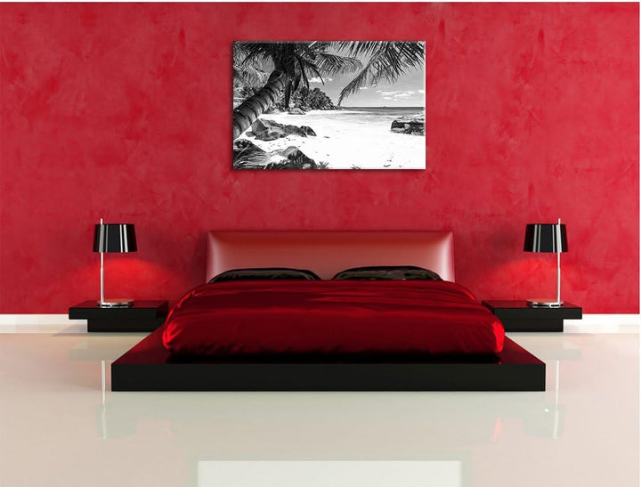 Pixxprint Palmenstrand Seychellen Kunst B&W als Leinwandbild/Grösse: 100x70 / Wandbild/Kunstdruck/fe