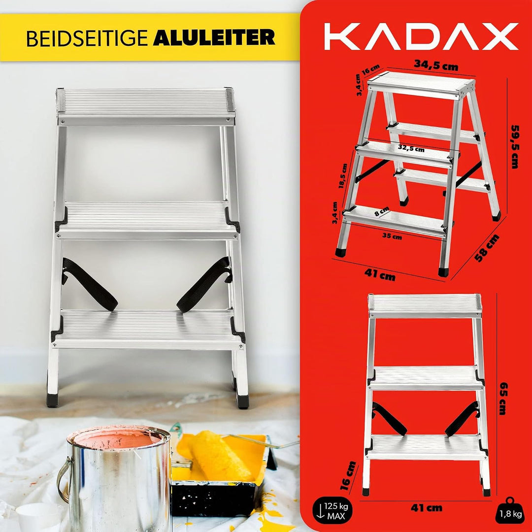 KADAX Trittleiter aus Aluminium 3 Stufen, Klapptritt bis 125kg, Stufenleiter mit Antirutschstufen, S
