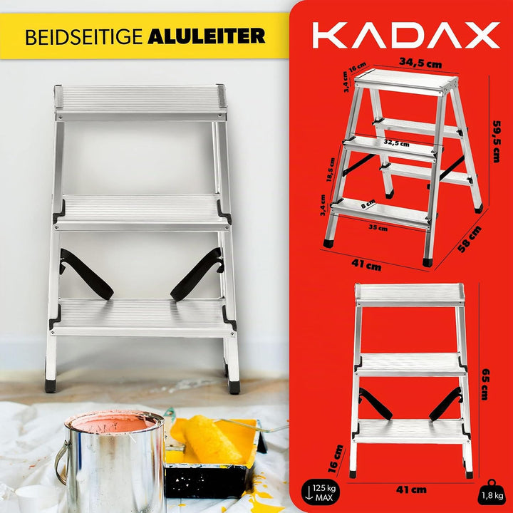 KADAX Trittleiter aus Aluminium 3 Stufen, Klapptritt bis 125kg, Stufenleiter mit Antirutschstufen, S
