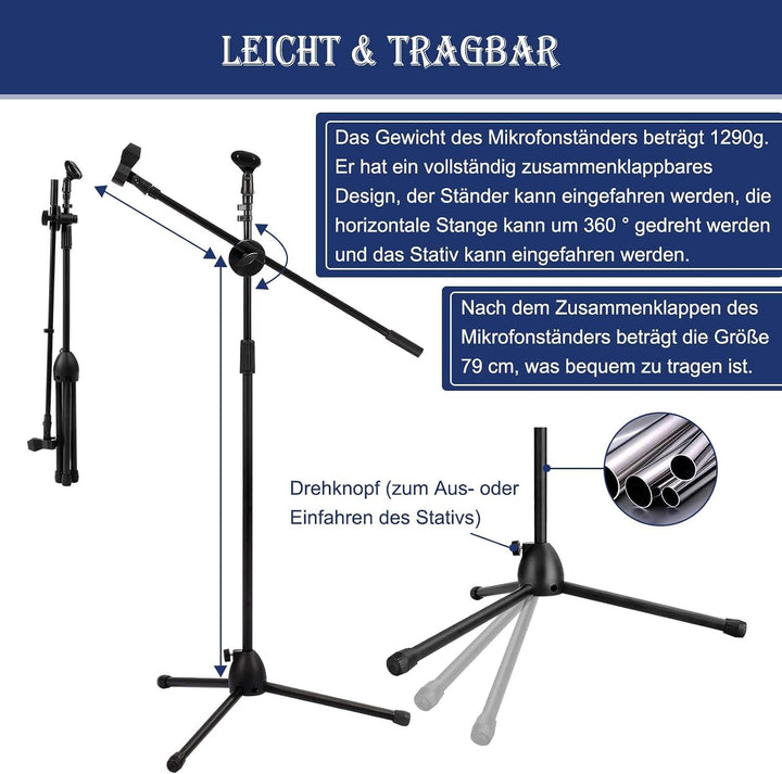 Mikrofonständer Einstellbare 73-175cm Mikrofonstativ Mikrofon Ständer mit 2 Mikrofonklemmen Einen St