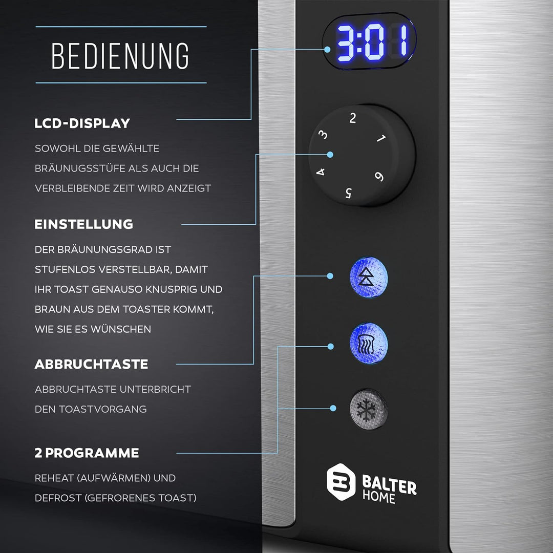 Balter Toaster 4 Scheiben, Langschlitz, Edelstahl, Brötchenaufsatz, LCD Display mit Restzeitanzeige,