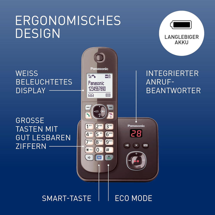Panasonic KX-TG6821GA DECT Schnurlostelefon mit Anrufbeantworter (strahlungsarm, Eco-Modus, GAP Tele
