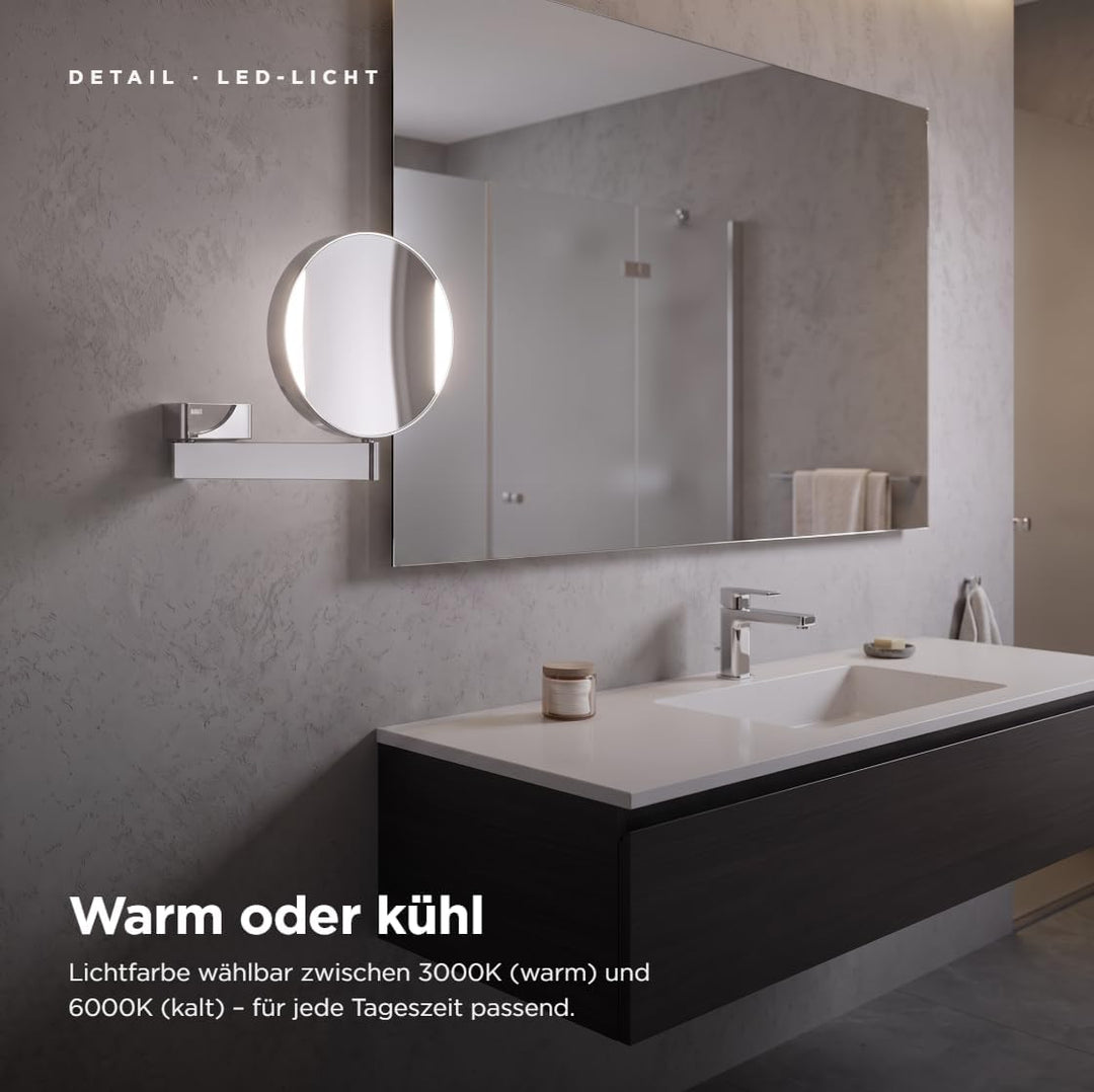 Emco Universal LED Kosmetik- und Rasierspiegel am Flexarm, runder Kosmetikspiegel mit Beleuchtung zu