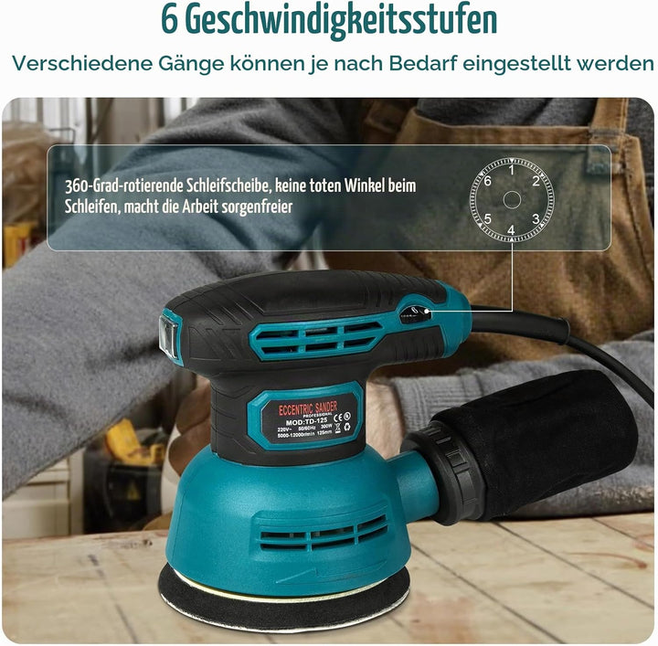 Exzenterschleifer 300W, 6 Geschwindigkeiten 12.000 U/min, Staubsammeldesign, 125mm Eccentric Sander