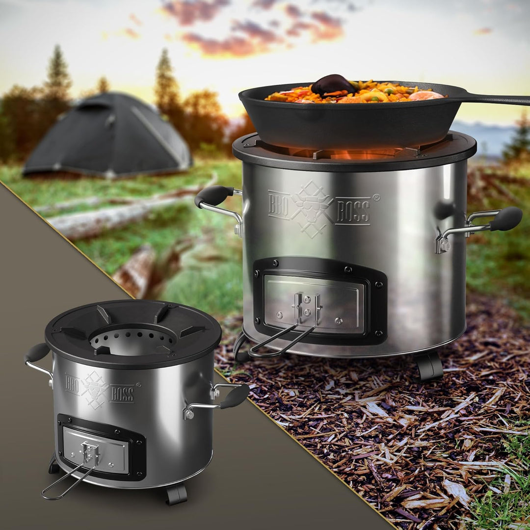 Raketenofen, Silber, Edelstahl Campingofen, Campingkocher Holz Kohle, Camping BBQ Holzofen zum Koche