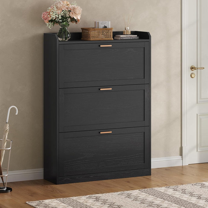 Schuhschrank mit 3 Klappen, Schuhkipper Schmal, Trennwand Verstellbar, für 16-24 Paar Schuhe, Flur,