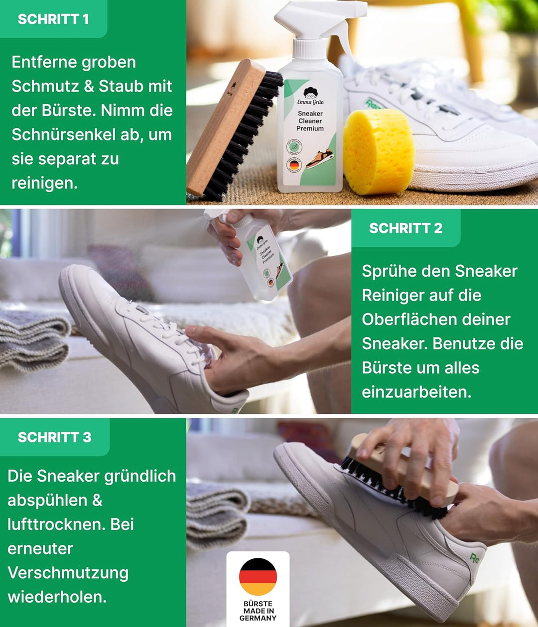 Emma Grün® Sneaker Cleaner Reinigungsset 250ml [Bürste + Schwamm] - Nachhaltiges Schuhpflege Komplet