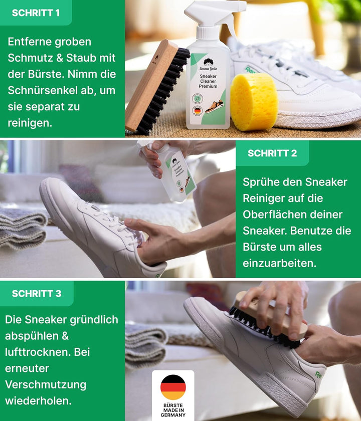 Emma Grün® Sneaker Cleaner Reinigungsset 250ml [Bürste + Schwamm] - Nachhaltiges Schuhpflege Komplet