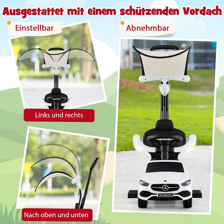 DREAMADE Rutschauto mit Schiebestange, 3 in 1 Rutschfahrzeug mit Horn, verstellbarem Sonnendach & St