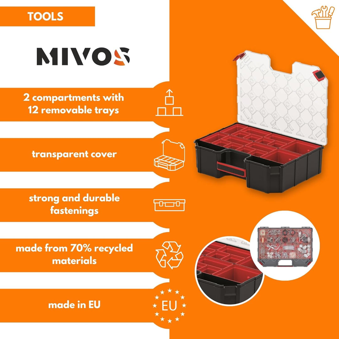 Mivos Sortimentskasten 390x284x60 mm - Sortierkasten Kleinteile mit 12 Einsatzboxen - Zubehörbox - S