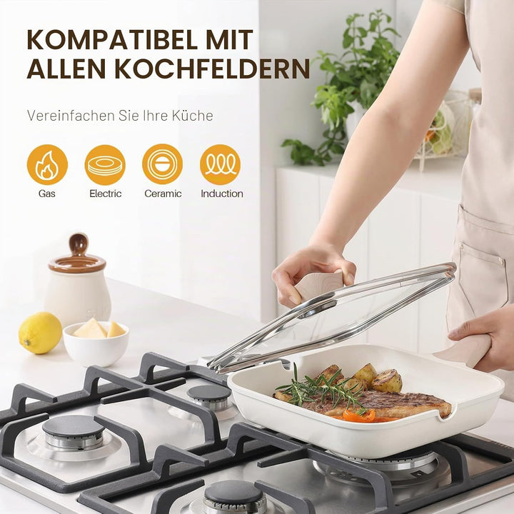 Kordisen Grillpfanne Induktion 28 cm mit Deckel – Grillpfanne mit Ausguss & Steakpfanne quadratisch,