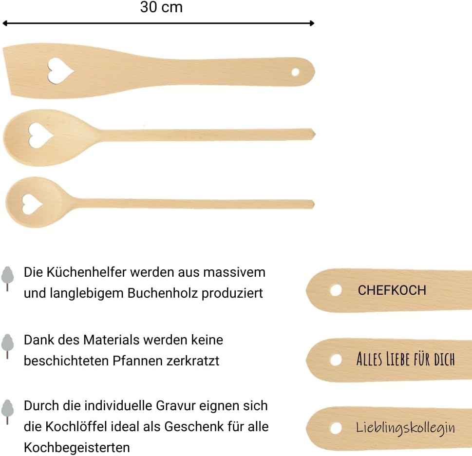 HOFMEISTER® Koch-Set Herz 3-teilig mit Gravur – 2 Kochlöffel und 1 Pfannenwender aus Buchenholz mit