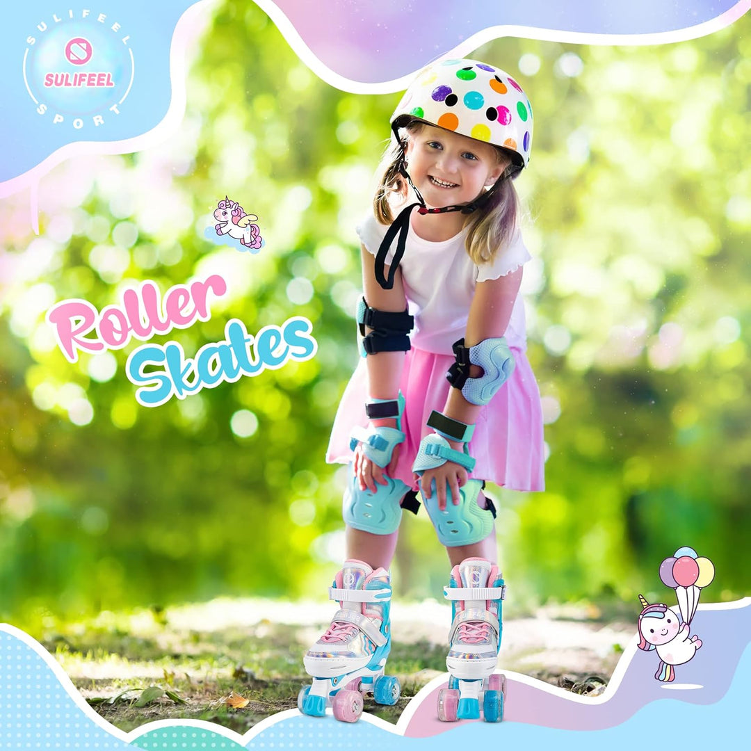 SULIFEEL Rainbow Unicorn Verstellbare Rollschuhe für Kinder mit Leuchtenden Rädern für Mädchen und J