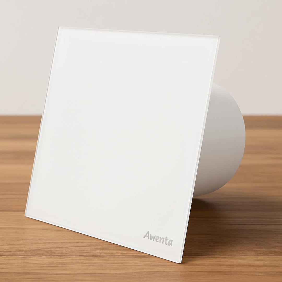 MKK Lüfter Abluftventilator Wohnraumlüfter Echtglas Designfront matt weiss IPX4 Wandmontage Badlüfte