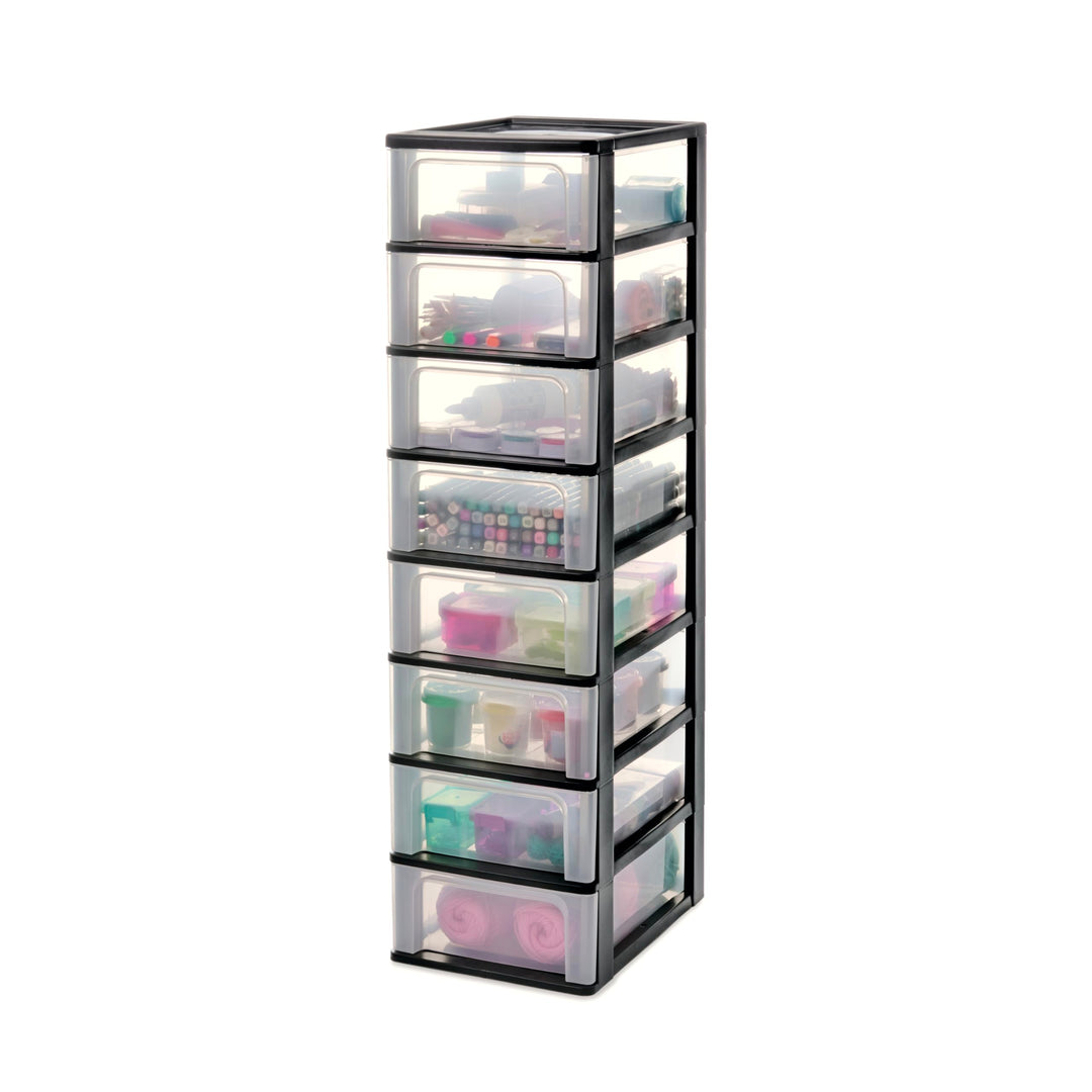 Iris Ohyama, Kunststoff Schubladenbox mit 8 flachen Schubladen, Schwarz, Easy-Pull-System, A4, A5 &