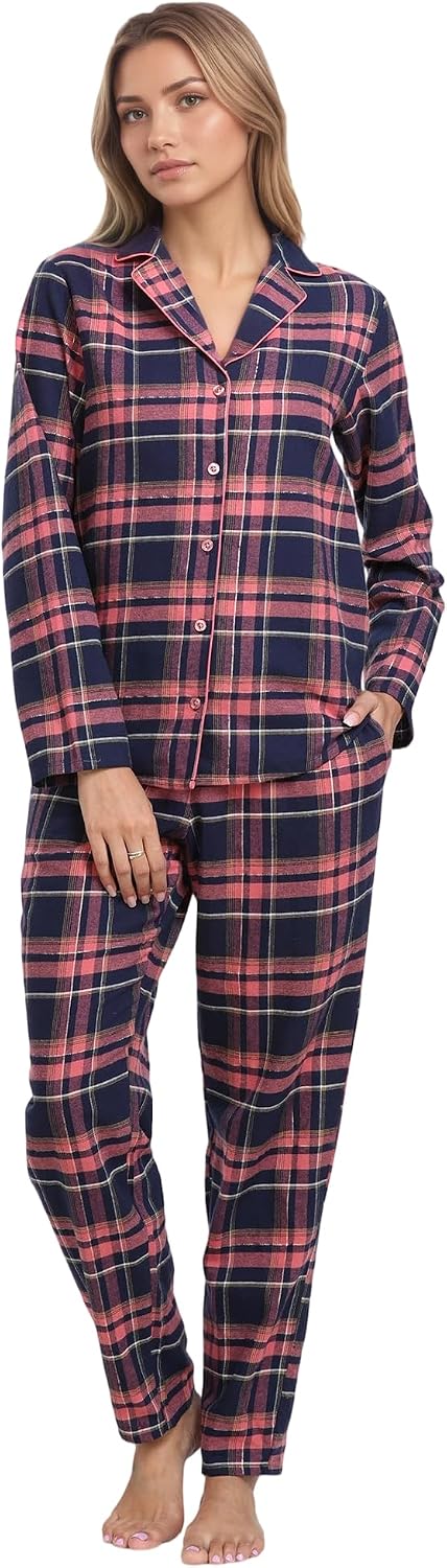 Mnemo Home Damen Schlafanzug Lang Flanell Pyjama Damen 100% Baumwolle aus Flanell Blaures Pulver mit