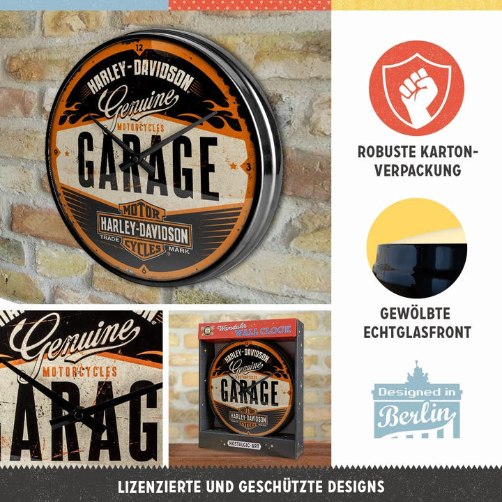 Nostalgic-Art Retro Wanduhr, Ø 31 cm, Harley-Davidson – Garage – Geschenk-Idee für Biker, Grosse Küc