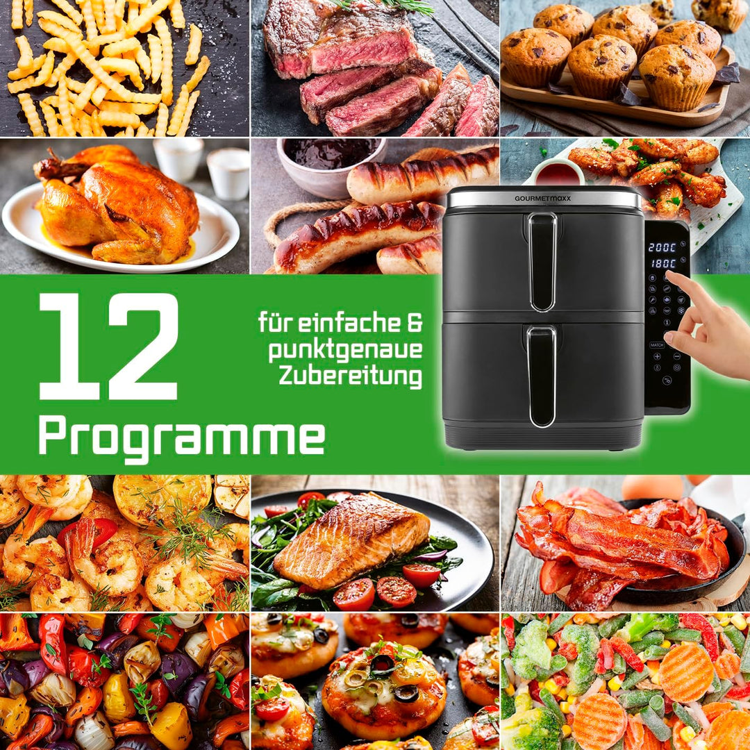 GOURMETmaxx FryUp Vertikale Doppelkammer Heissluftfritteuse | vertikaler Airfryer | klappbares Touch