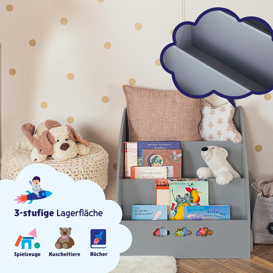 KHG Bücher-Standregal grau für Kinder mit 3 offenen Fächern, freistehendes Kinderregal für Bücher un