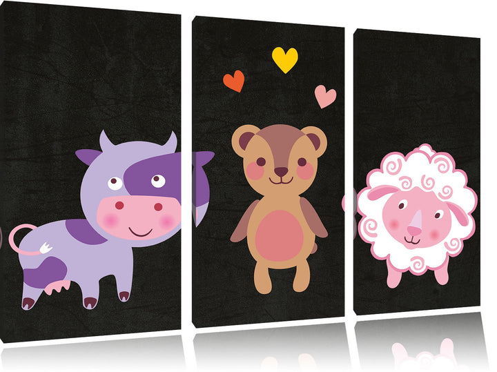 Pixxprint Kuh Teddy und Schaf als Leinwandbild/Grösse: 3 Teilig (120x80) cm/Wandbild/Kunstdruck/fert