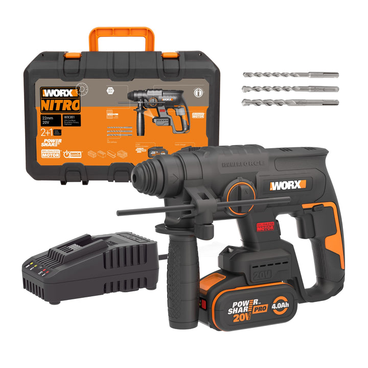 WORX NITRO WX381 Akku Bohrhammer 20V- bürstenloser Motor - multifunktionales Werkzeug zum Bohren, Ha