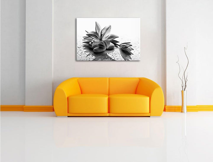 Pixxprint Düstere Lilie mit Zen Steinen als Leinwandbild | Grösse: 100x70 | Wandbild| Kunstdruck | f