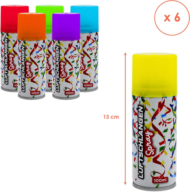 Spetebo Luftschlangenspray 100 ml fluoreszierend - 6er Pack - Karneval Deko Sprüh Luftschlangen in 6