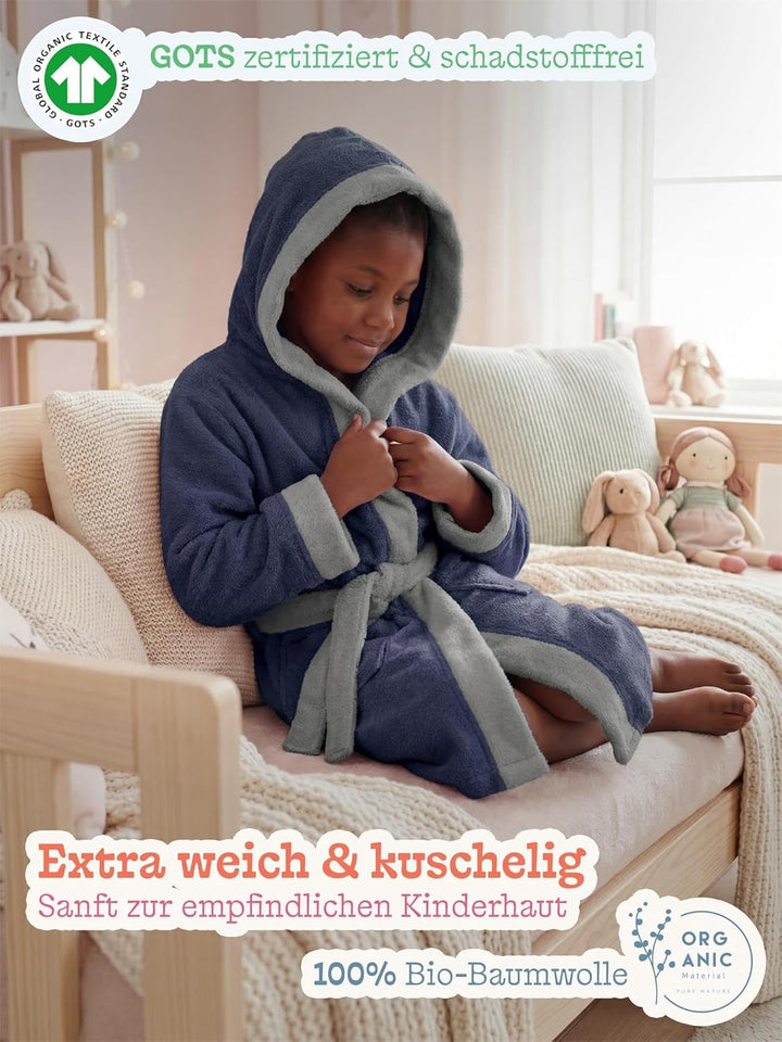 normani Kinder-Bademantel mit Kapuze aus 100% Bio-Baumwolle - für Jungen und Mädchen 122-128 Lila, 1