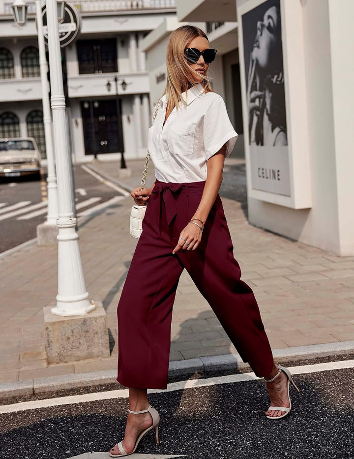 Beyove Damen Weite Hose 7/8 Sommerhose High Waist Elegant Business Hosen Schlaghose Gestreifte Anzug