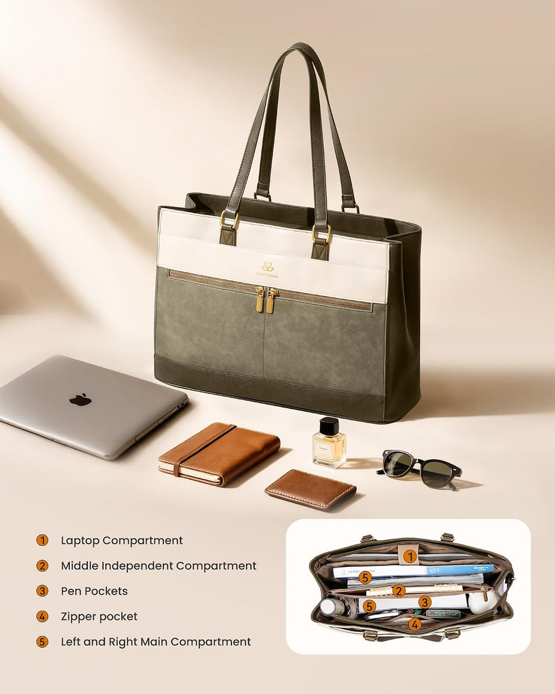 LOVEVOOK Handtasche Damen Gross, 17,3 Zoll Laptoptasche Retro-Leder Arbeitstasche Aktentasche, Leich