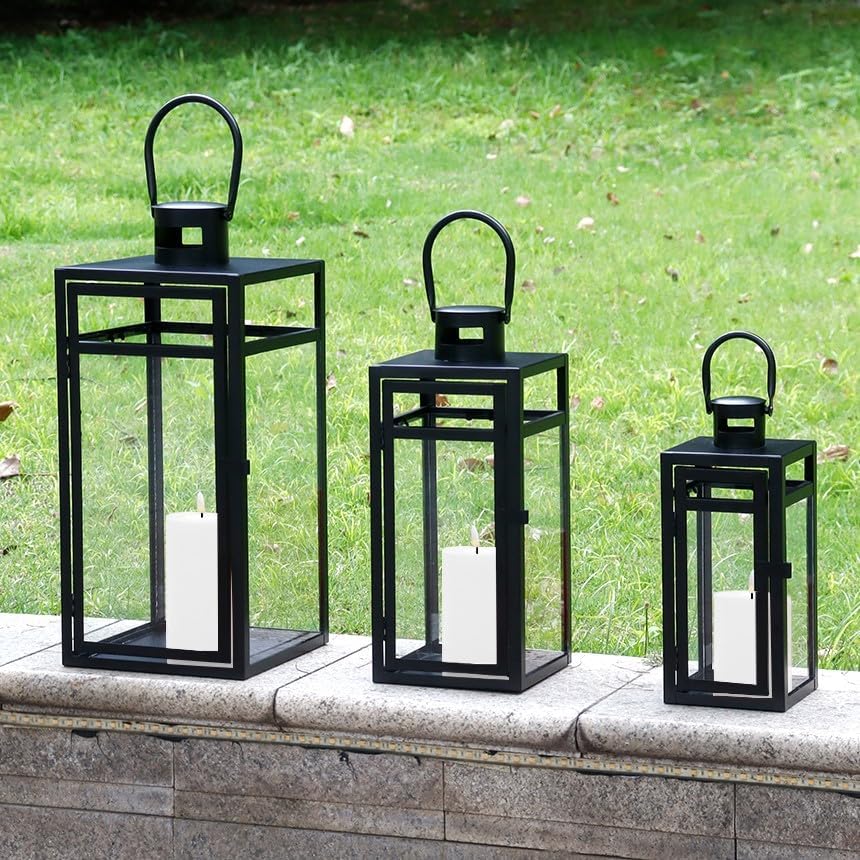 TRIROCKS Set aus 3 Edelstahl Kerzenlaterne 48cm Hoher Metallkerzenhalter mit klaren Glasscheiben Per
