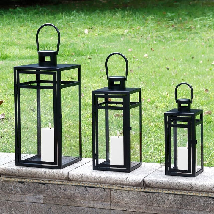 TRIROCKS Set aus 3 Edelstahl Kerzenlaterne 48cm Hoher Metallkerzenhalter mit klaren Glasscheiben Per