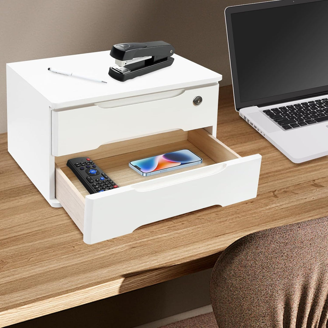 Schubladenbox Holz, 2 Ebenen Schreibtisch Organizer mit Abschliessbaren Schubladen, Mini Kommode Abs