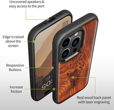 Carveit Holz Cover für iPhone 15 Pro hülle, Kompatibel mit Magsafe Silikon Stossfeste Cover, Magneti