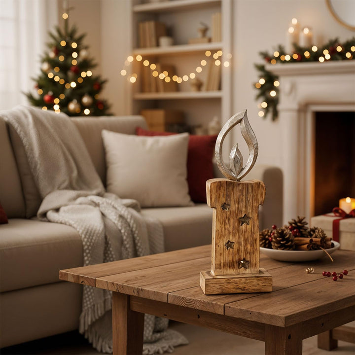 levandeo Weihnachtsdeko Kerze Mangoholz H27cm Deko Aufsteller Holz Braun Metall Silber Weihnachten T