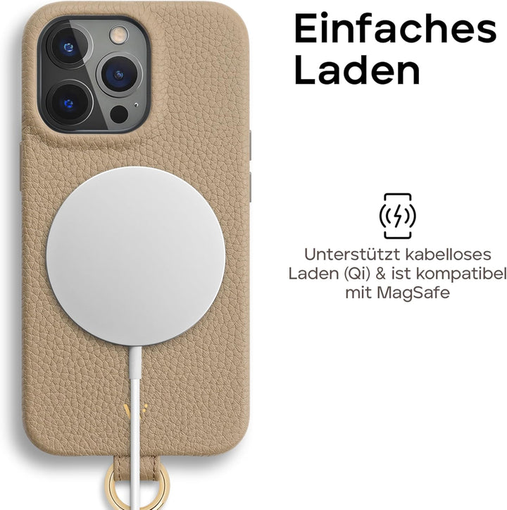 WIIUKA Hülle für iPhone 15 Pro Max, Leder aus Deutschland, Lederhülle Handykette, Premium Handyhülle