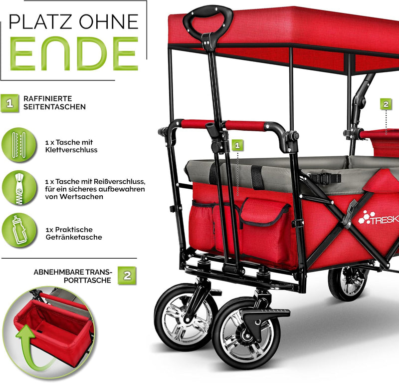 TRESKO Bollerwagen faltbar mit Dach | Handwagen mit 3-Punkt Gurtsystem | Gartenwagen klappbar | Tran