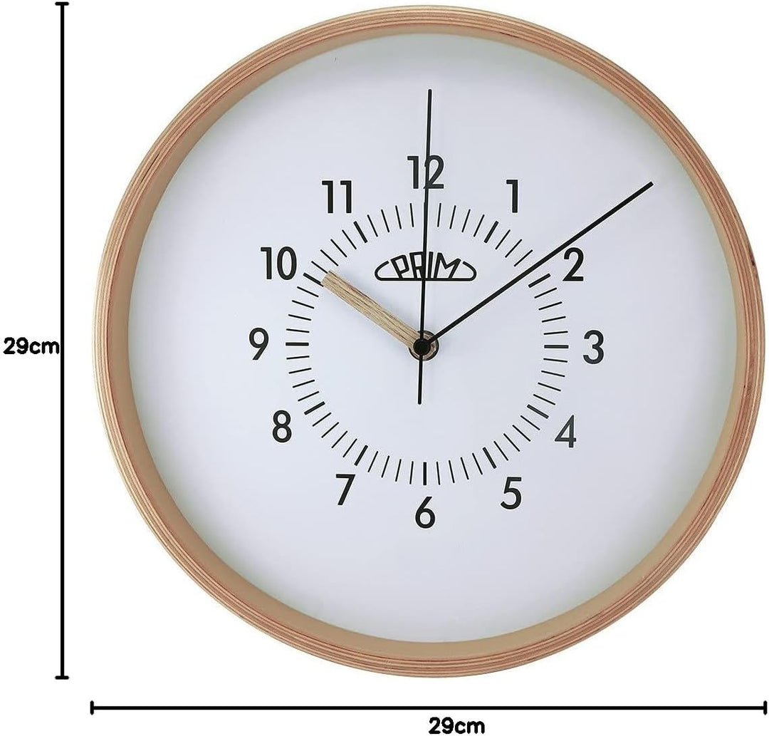 PRIM Organic Design Retrospect Wanduhr, Wood Clock, aus Holz, Zifferblatt in Weiss, die Nicht stört,