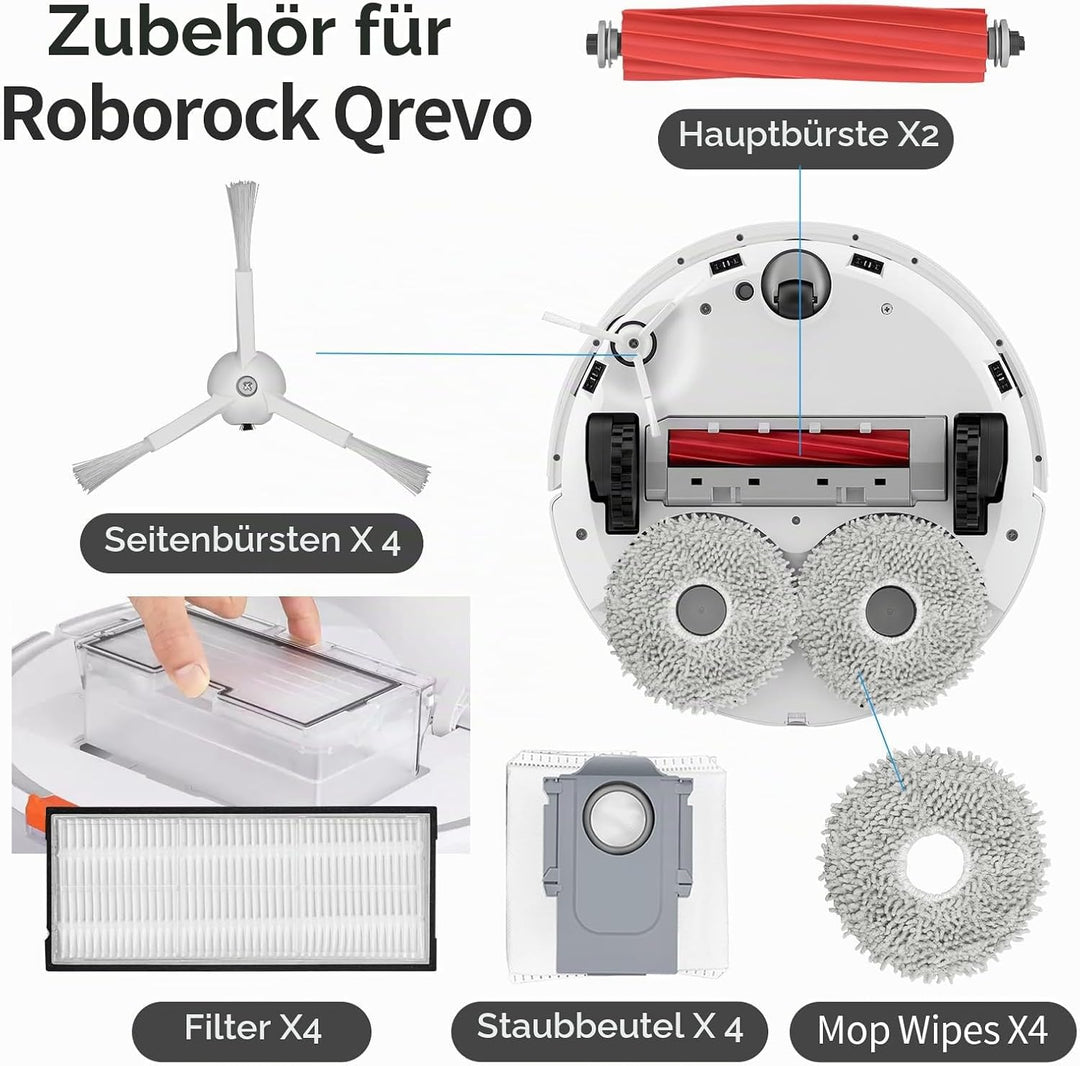 RUKHOOL Zubehör für Roborock Q Revo Zubehörset Saugroboter Ersatzteile mit 4 * Staubbeutel 4 * Mopp