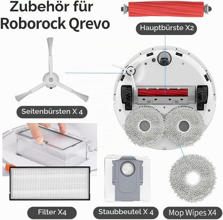 RUKHOOL Zubehör für Roborock Q Revo Zubehörset Saugroboter Ersatzteile mit 4 * Staubbeutel 4 * Mopp