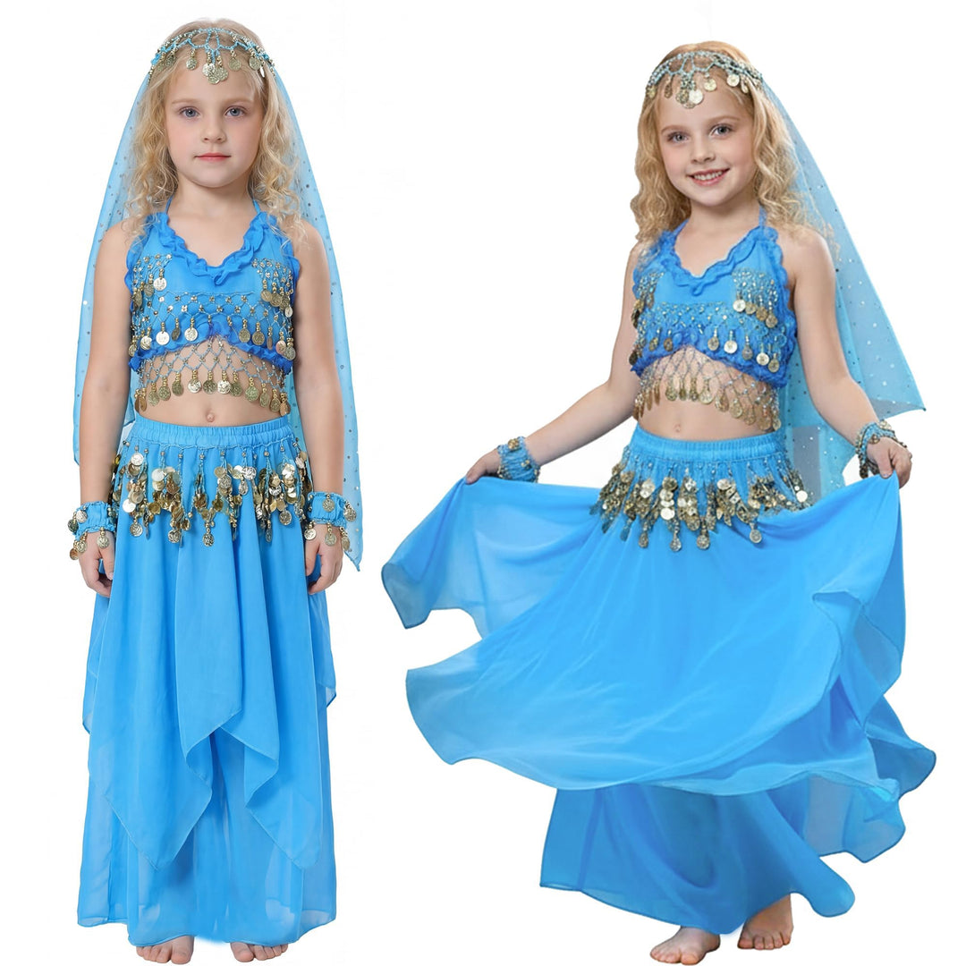 Fairycos Bauchtänzerin Kostüm Kinder 1001 Nacht Kostüme Mädchen Faschingskostüm Eisblau 128-134, Eis