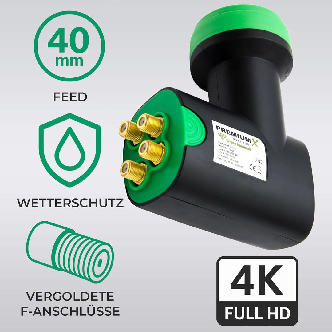 Premium X Green Diamond GDQS Quad LNB 0,1dB Quattro Switch FullHD 4K SAT TV bis 4 Teilnehmer, Quad L