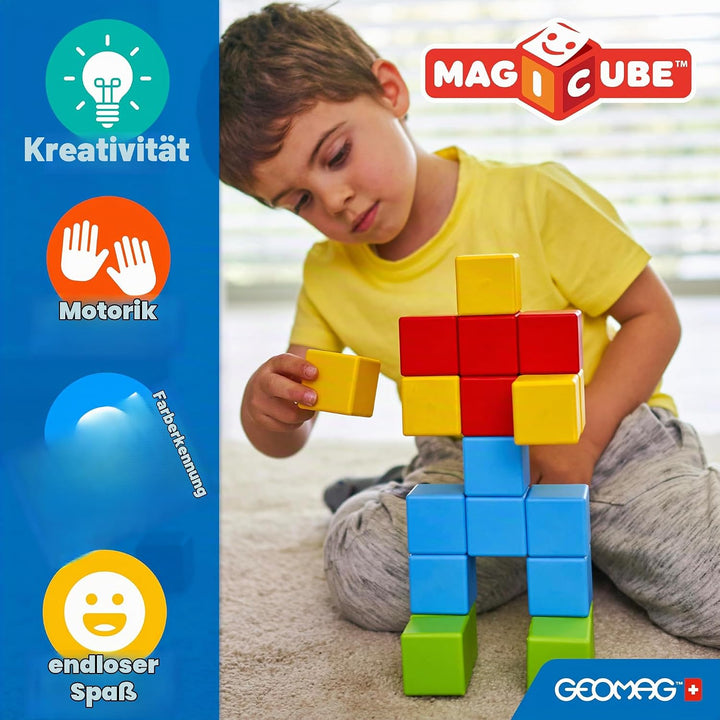 GEOMAG - MAGICUBE - 9 Magnetische Bausteine Rot/Orange/Blau - Pädagogisches Spielzeug Für Kinder Ab