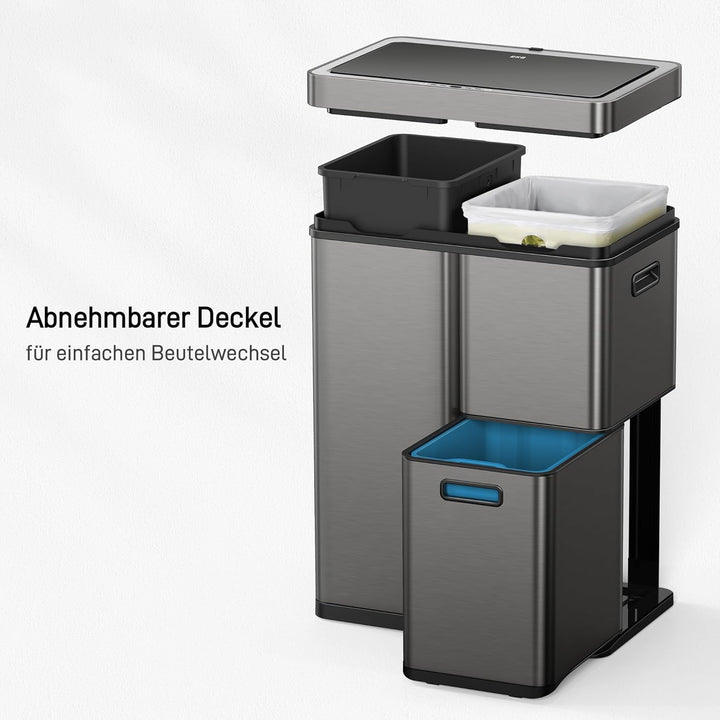 EKO Mirage Plus Mülltrennsystem mit 3 Fächer, 2 x 15 L und 30 L, Recycler Mülleimer mit Sensor, 3 Ku