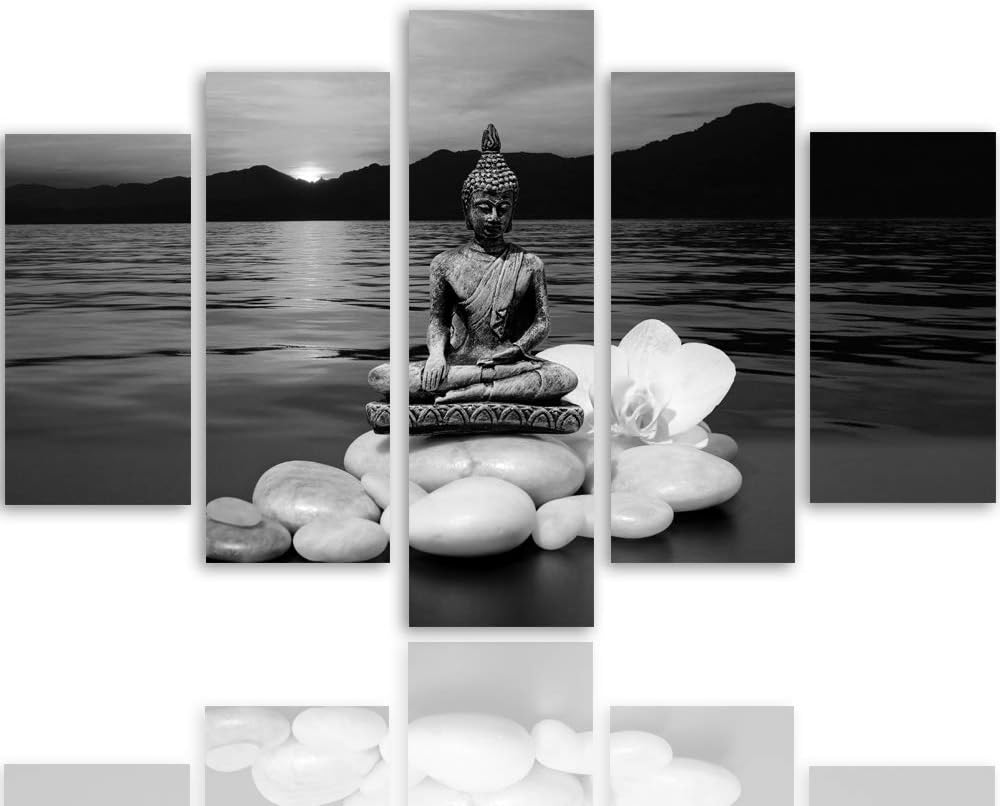 Feeby Leinwandbild 5 Teilig Buddha Bild Wanddeko Steine Blume See Schwarzweiss 200x100 cm Leinwandbi