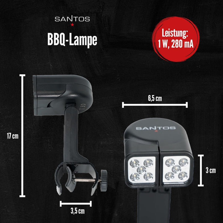 SANTOS universal BBQ Grilllampe - Grillflächenbeleuchtung - 2 separat schwenkbare LED Leuchtköpfe -