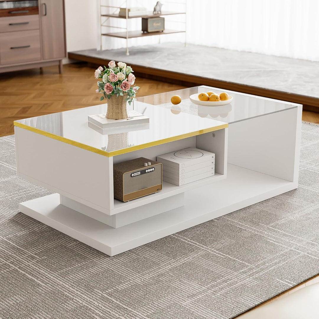 Merax Moderner LED Couchtisch, Wohnzimmertisch mit Stauraum, Hochglanz-Weiss Beistelltische, Couchti