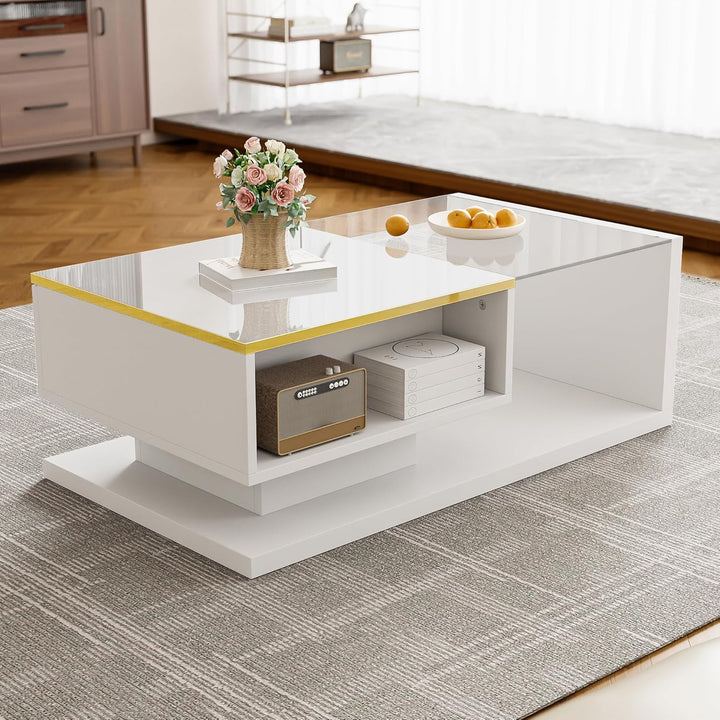 Merax Moderner LED Couchtisch, Wohnzimmertisch mit Stauraum, Hochglanz-Weiss Beistelltische, Couchti